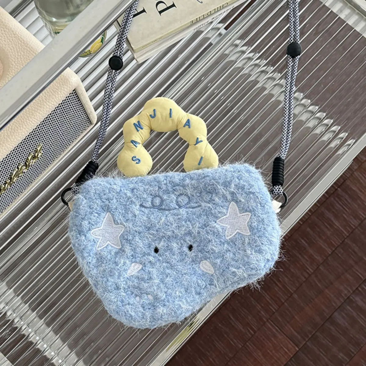 Cartoon Plush Crossbody Bag - Light Blue