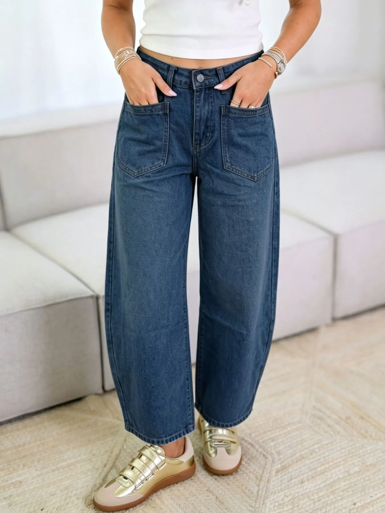 Wide-Leg Jeans with Front Patch Pockets - Dark Blue