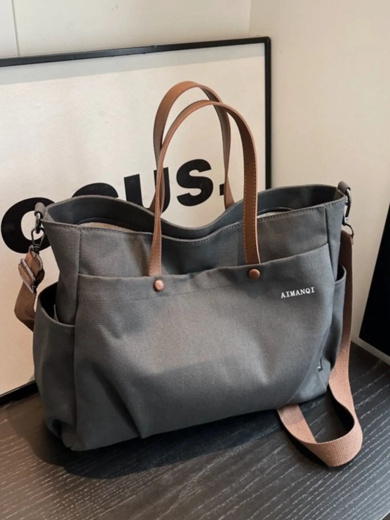 Canvas Tote Crossbody Bag - Dark Brown