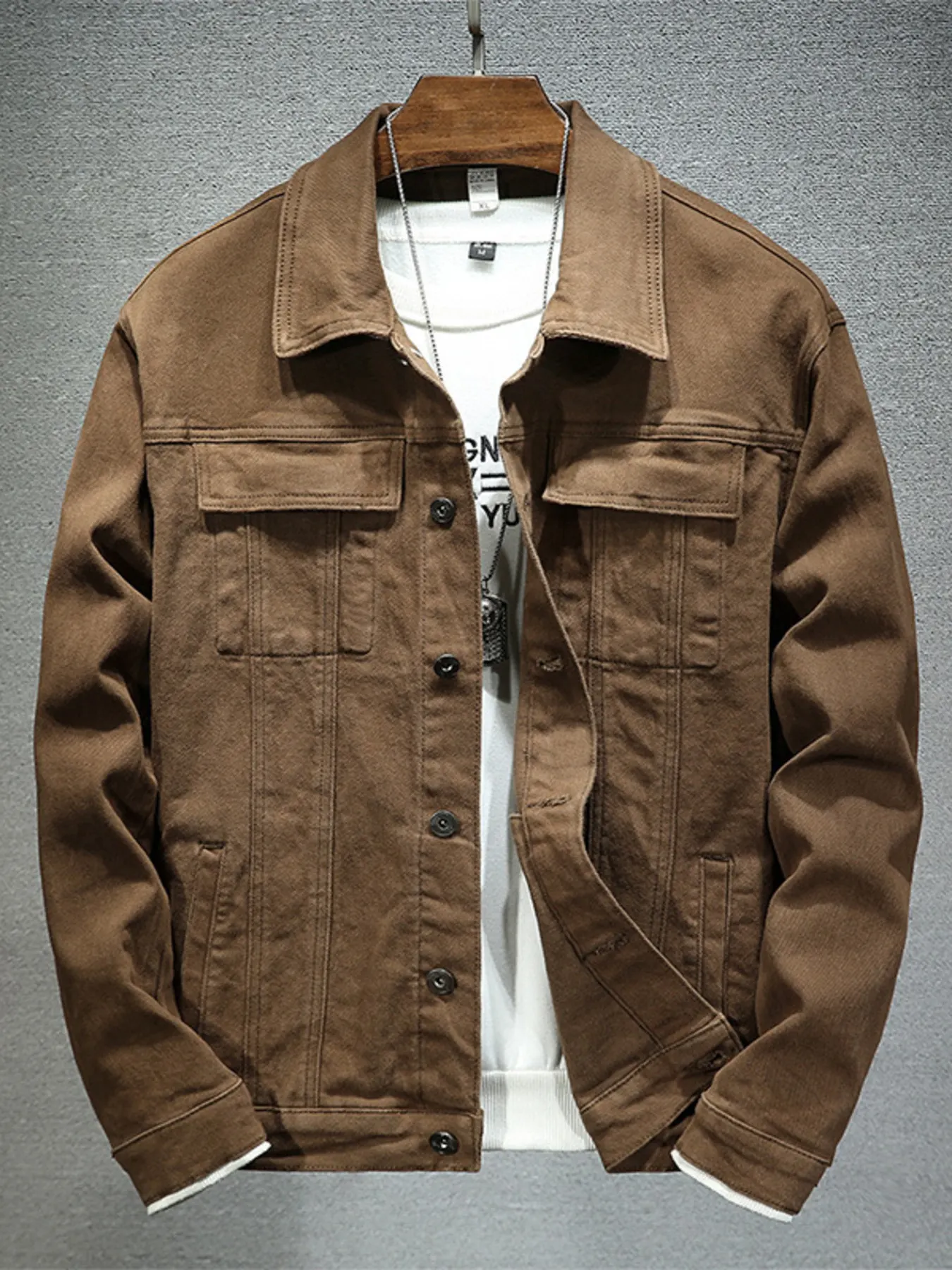 Men's Plus Size Button Up Denim Jacket with Chest Pockets - Coffee