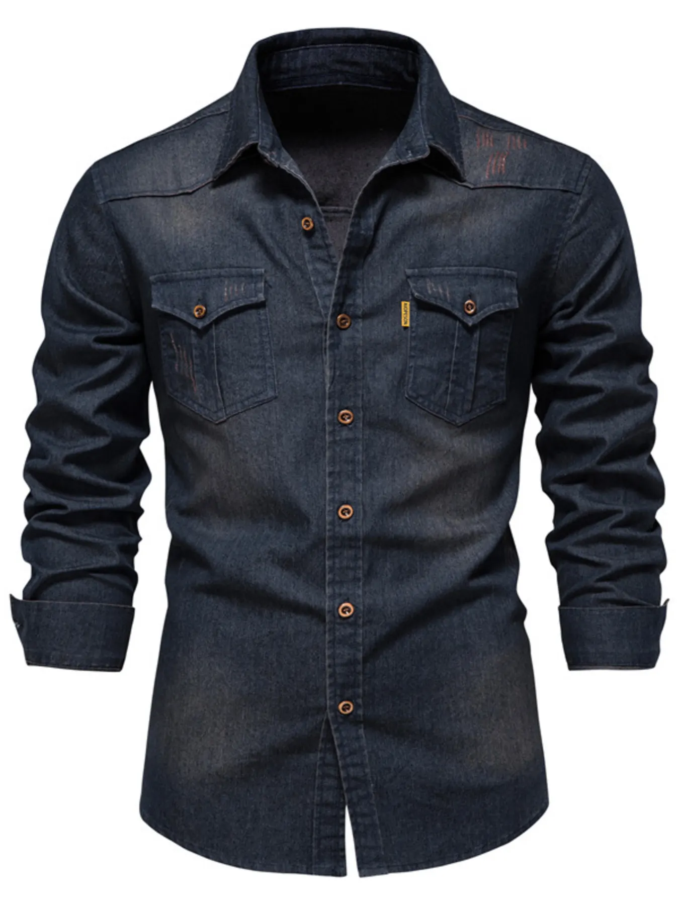 Men's Full Size Button Up Denim Shirt with Chest Pocket Plus Size - Dark Navy