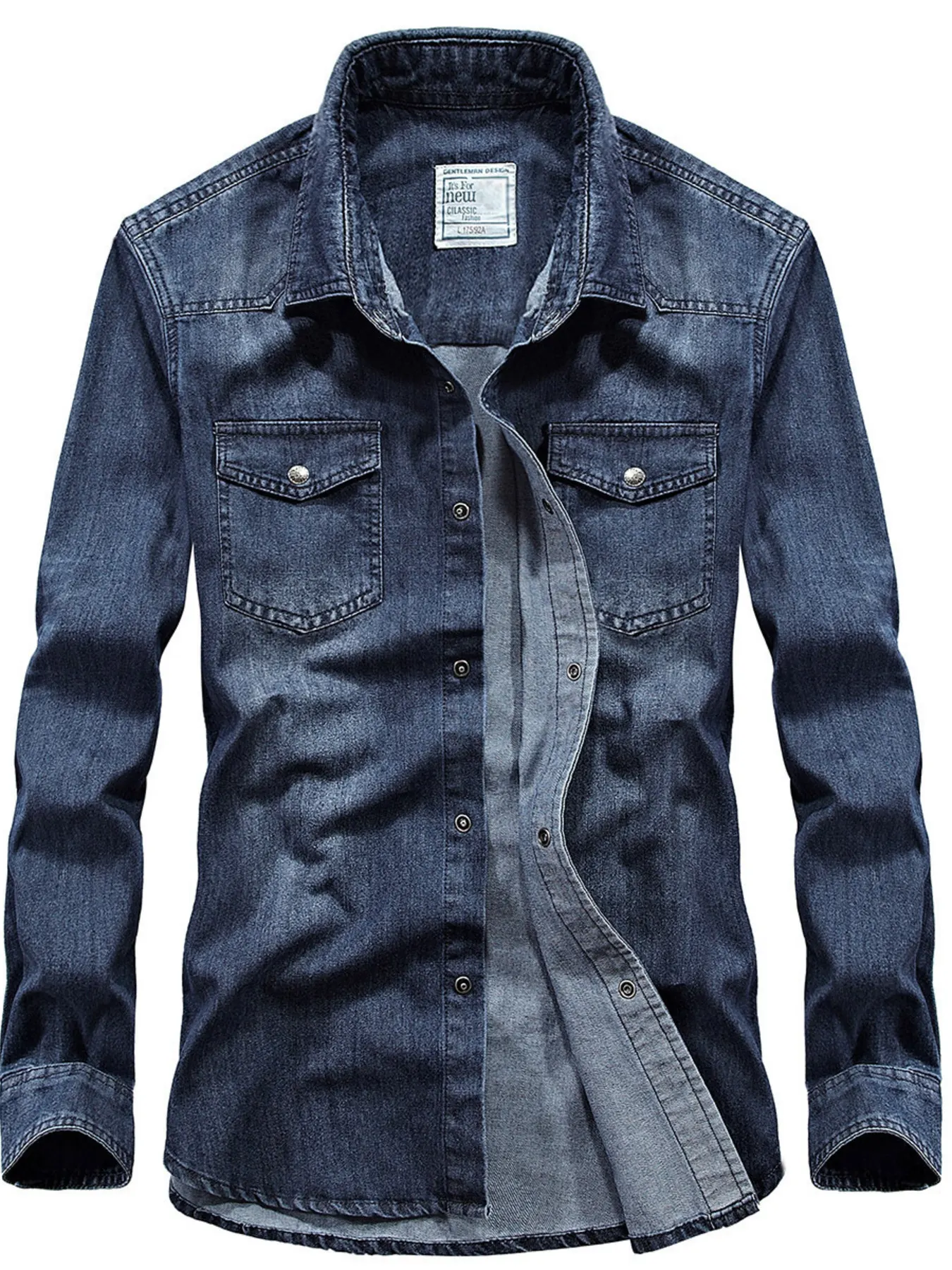 Men's Plus Size Classic Washed Denim Shirt with Double Chest Pockets - Medium