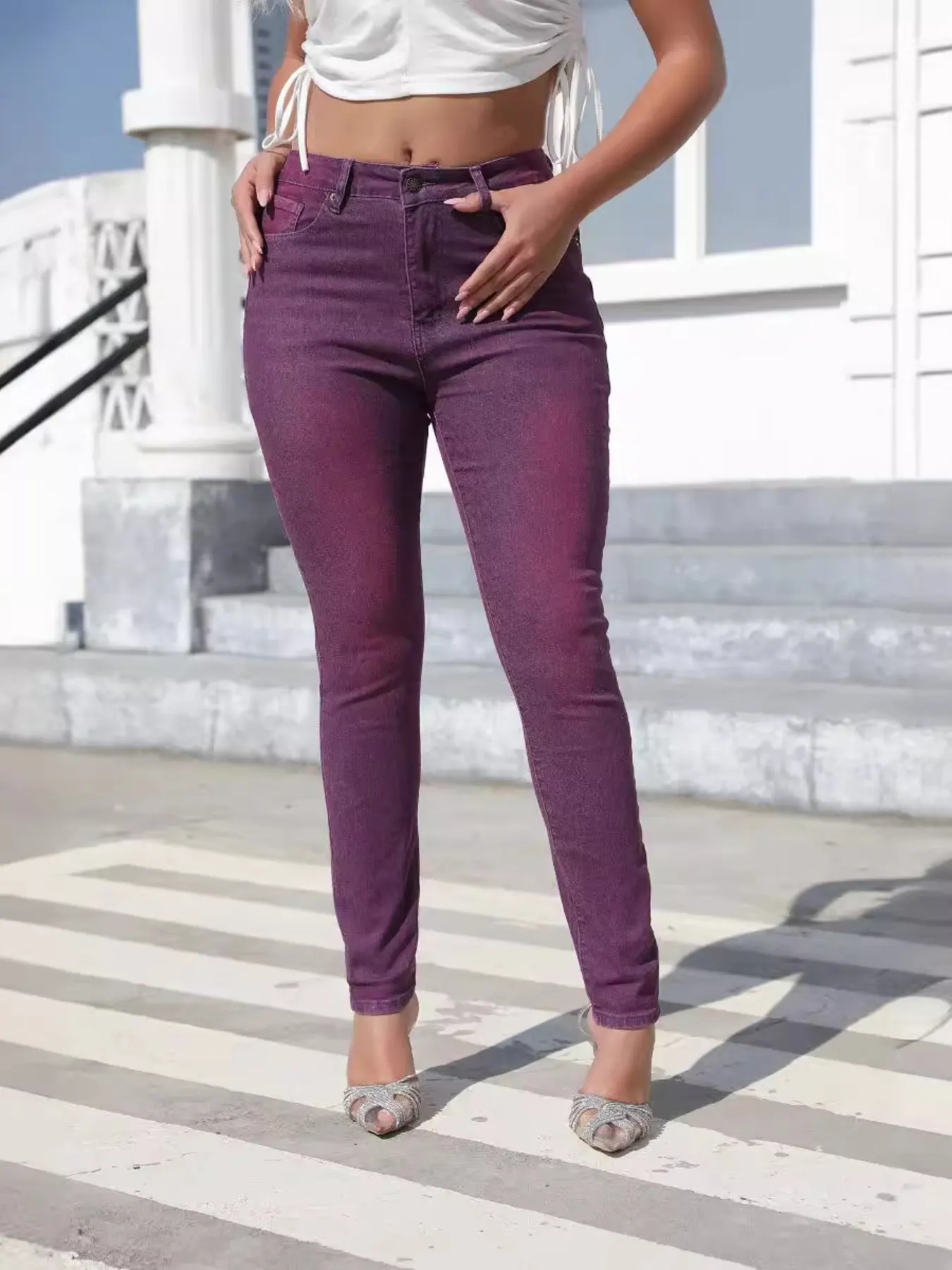 High-Waisted Slim-Fit Jeans - Purple