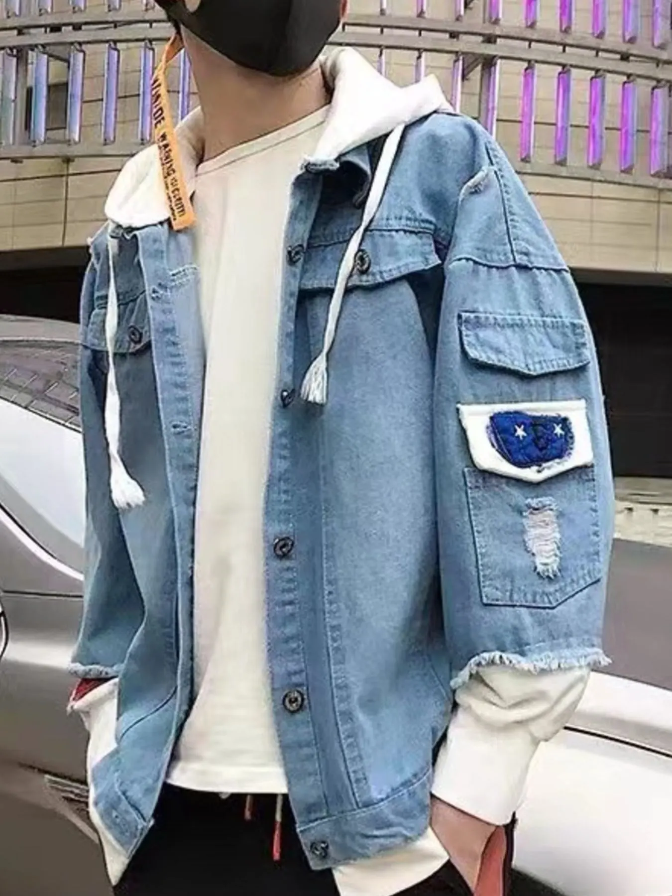 Men's Full Size Distressed Patchwork Hooded Denim Jacket Plus Size - Light