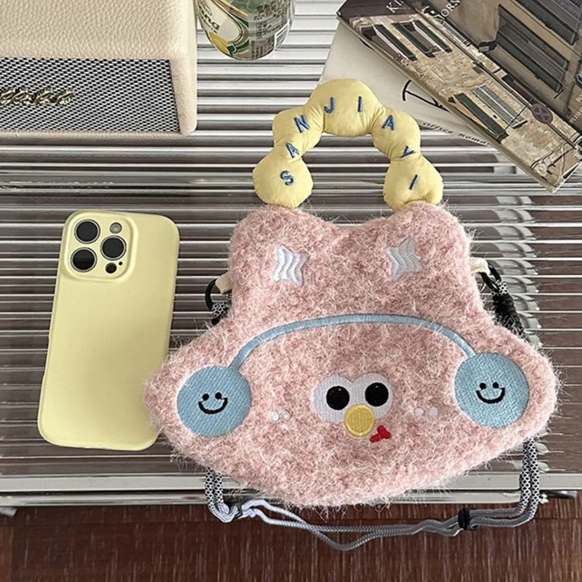 Cartoon Plush Crossbody Bag - Dusty Pink