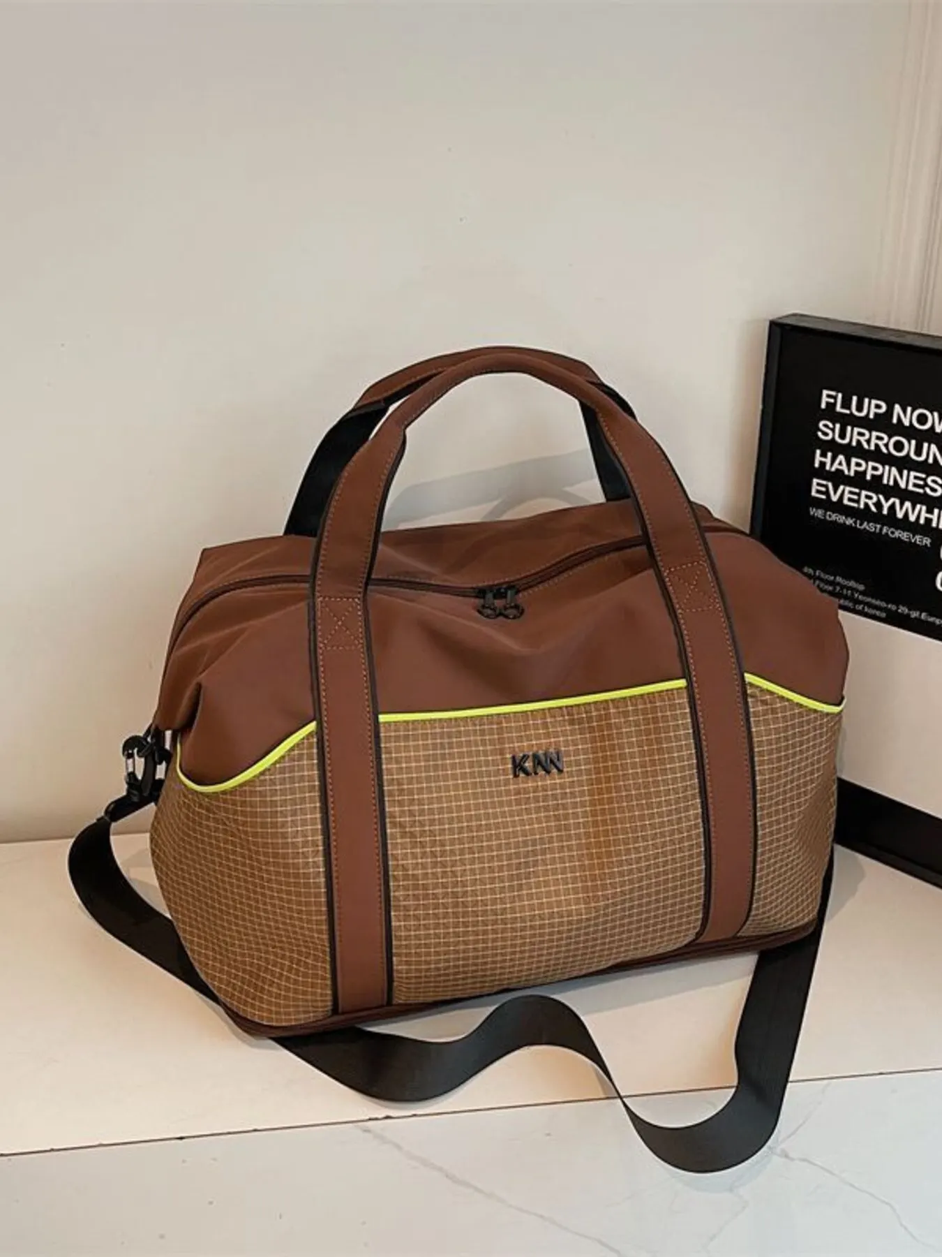 Grid Pattern Duffel Bag - Brown