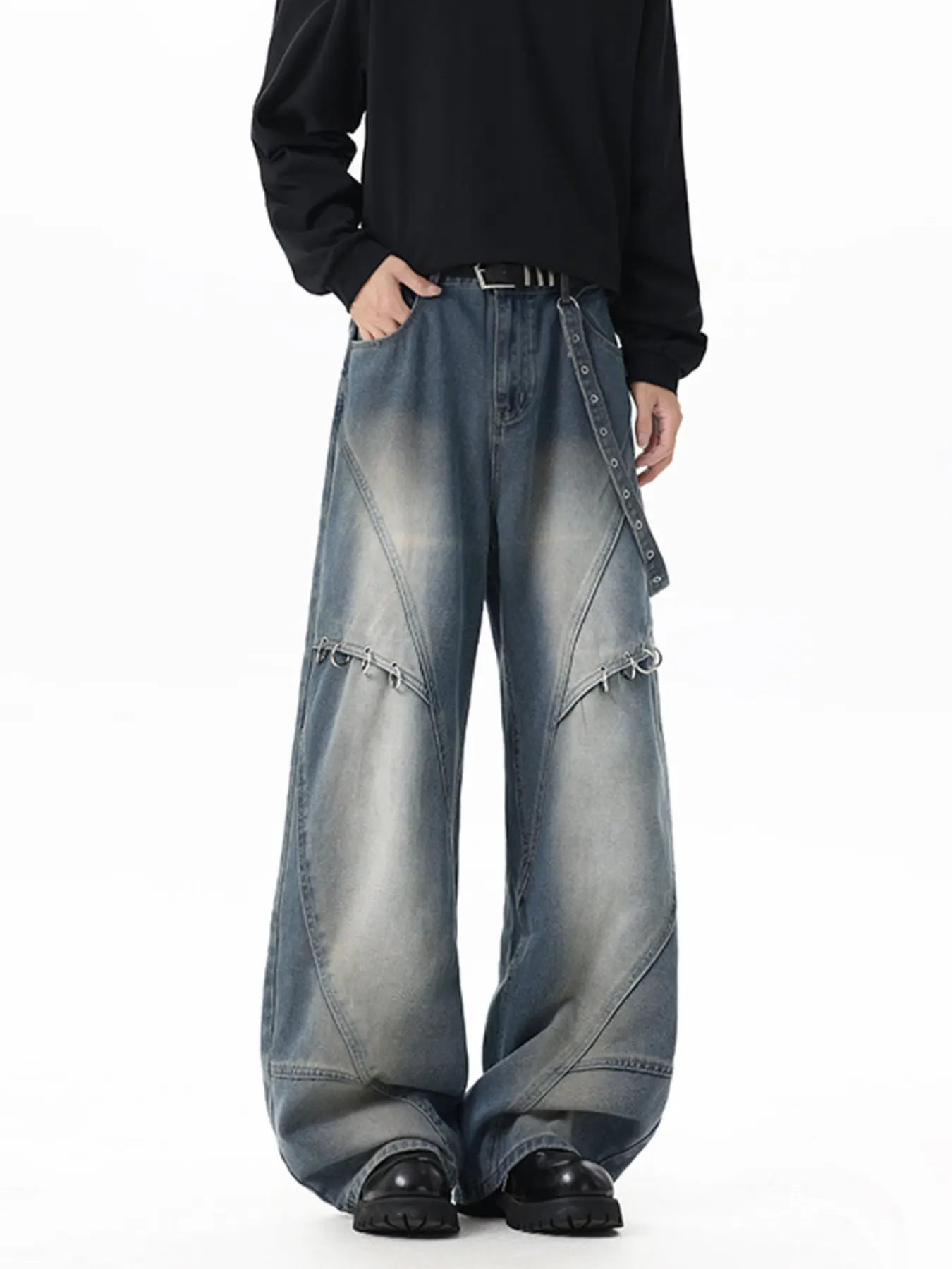 Men's Full Size Wide-Leg Denim Jeans with Metal Ring Plus Size - Blue