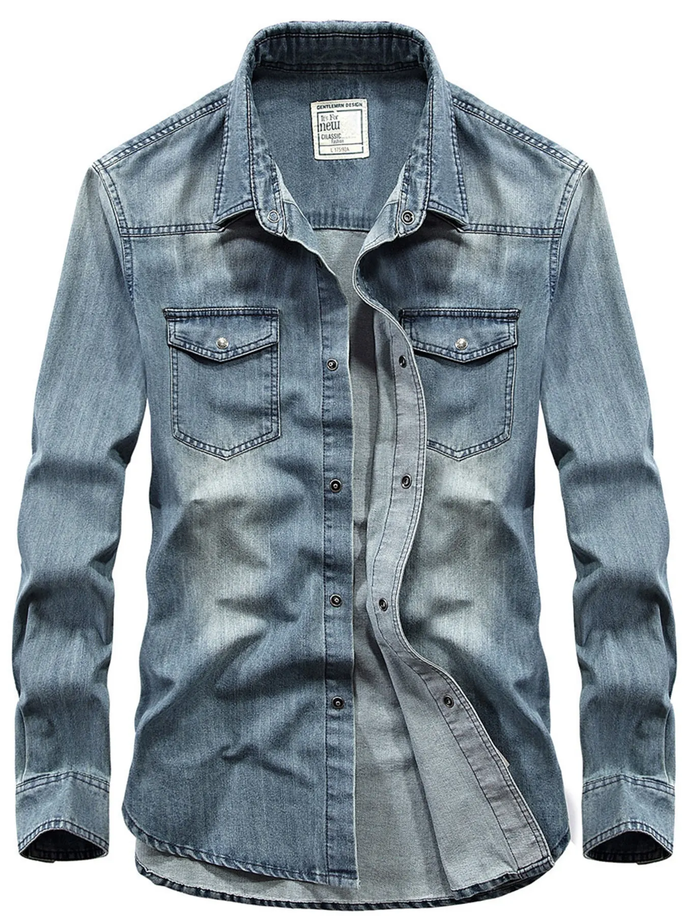 Men's Plus Size Classic Washed Denim Shirt with Double Chest Pockets - Light