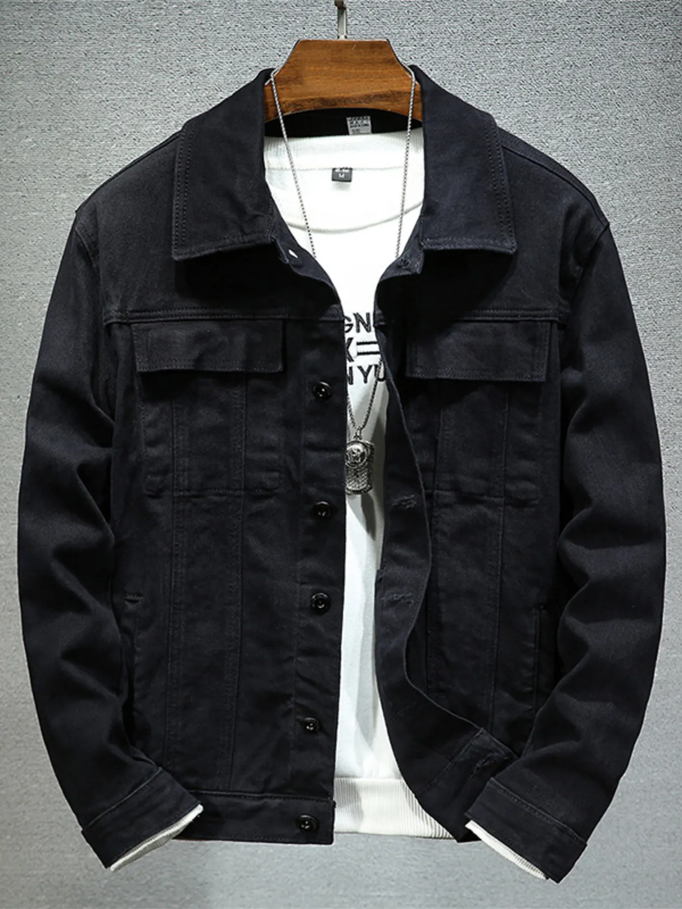 Men's Plus Size Button Up Denim Jacket with Chest Pockets - Black