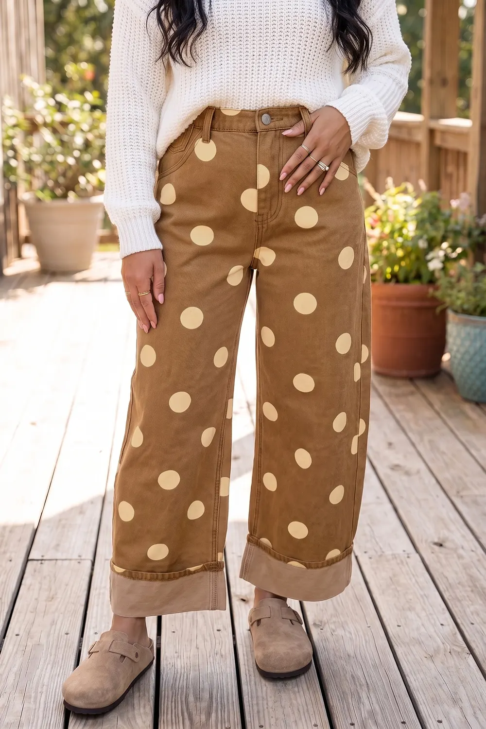Polka Dot Wide Leg Jeans - Caramel