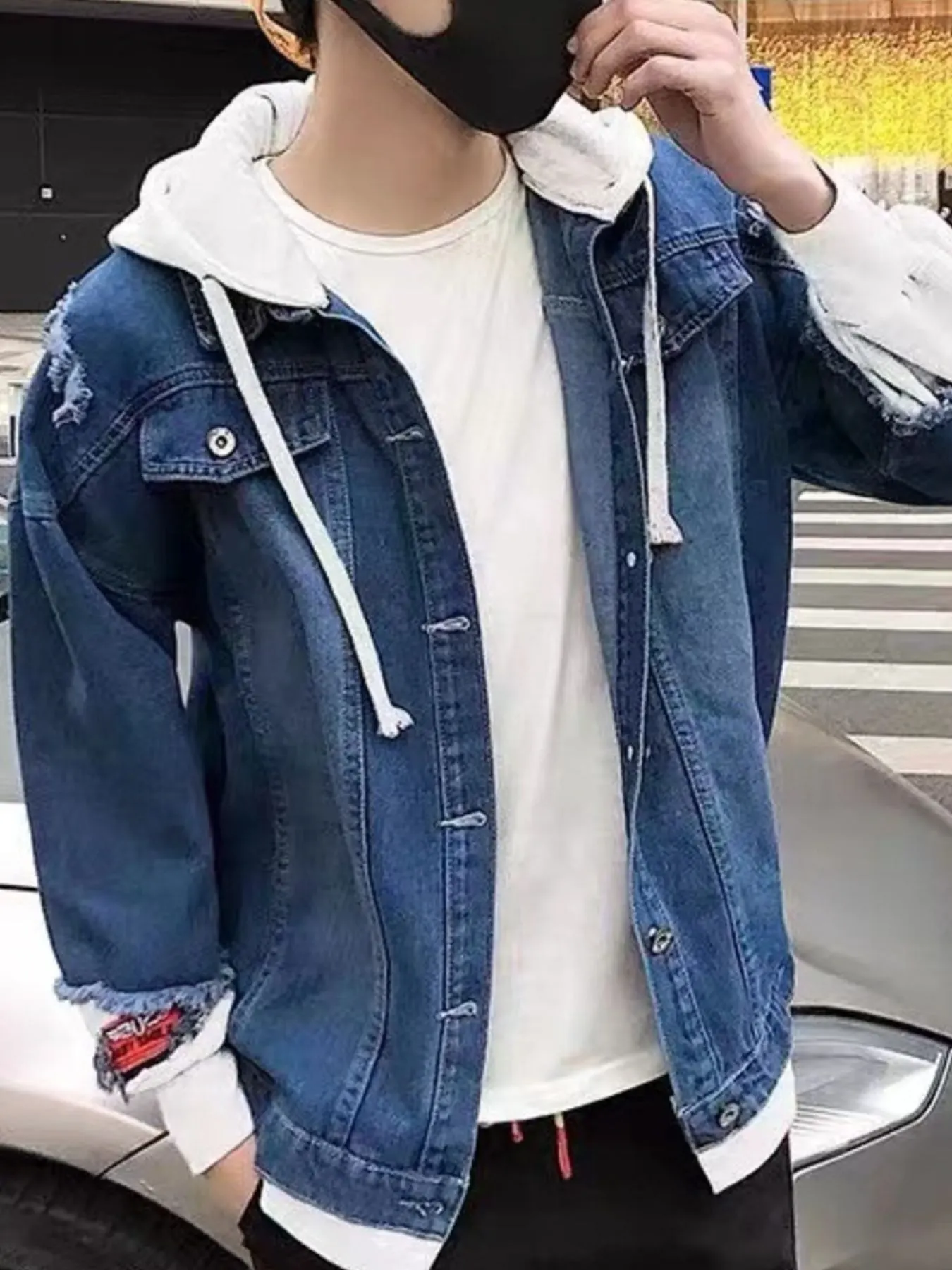 Men's Full Size Distressed Patchwork Hooded Denim Jacket Plus Size - Medium