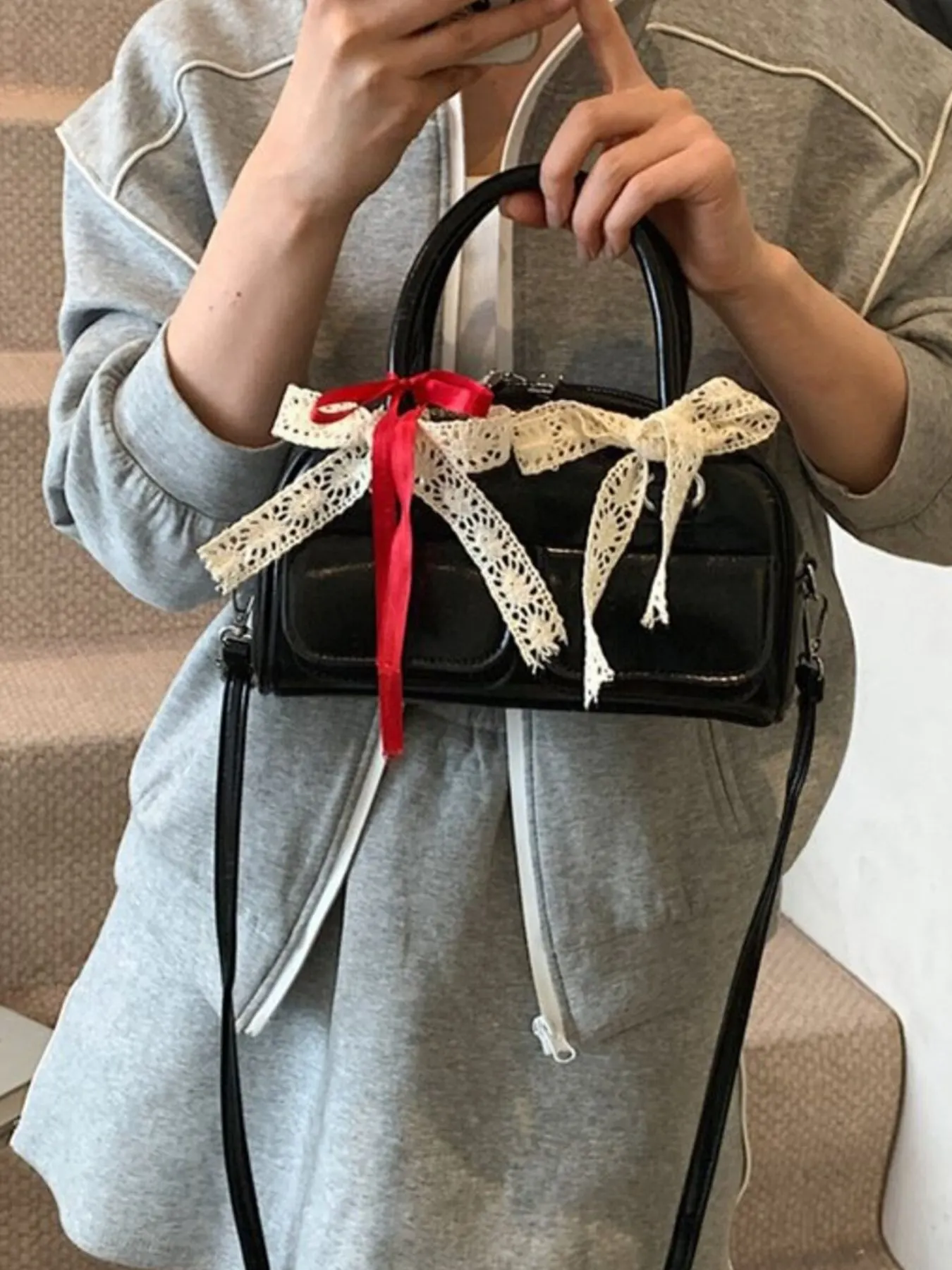 Bow Decor Crossbody Bag - Black
