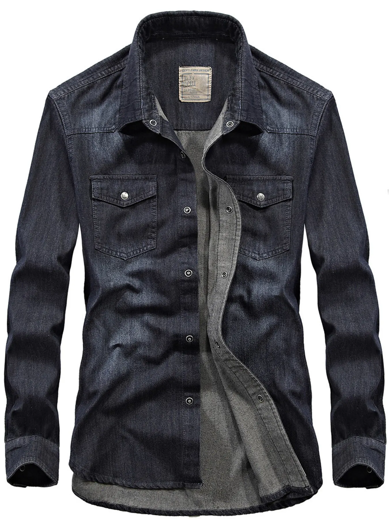 Men's Plus Size Classic Washed Denim Shirt with Double Chest Pockets - Dark