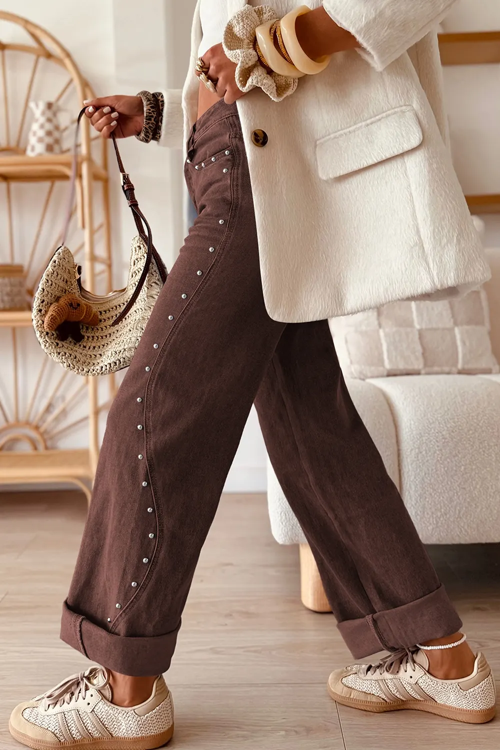 Embellished Wide-Leg Denim Jeans - Dark Brown