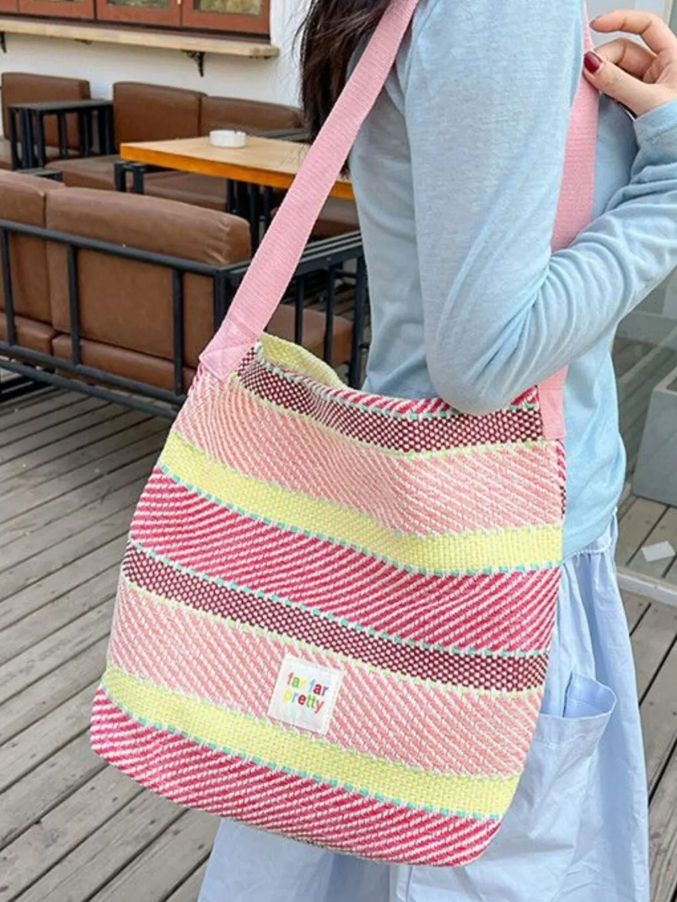 Striped Woven Shoulder Bag with Adjustable Strap - Red Yellow
