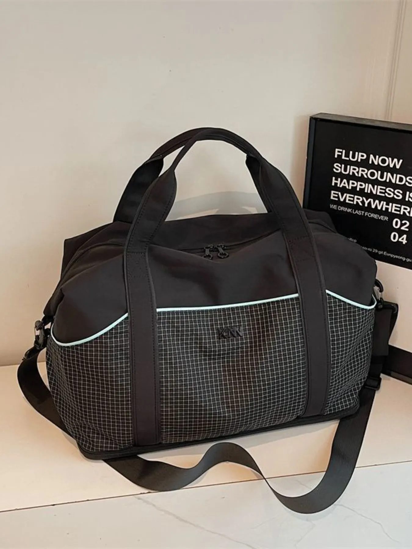Grid Pattern Duffel Bag - Black