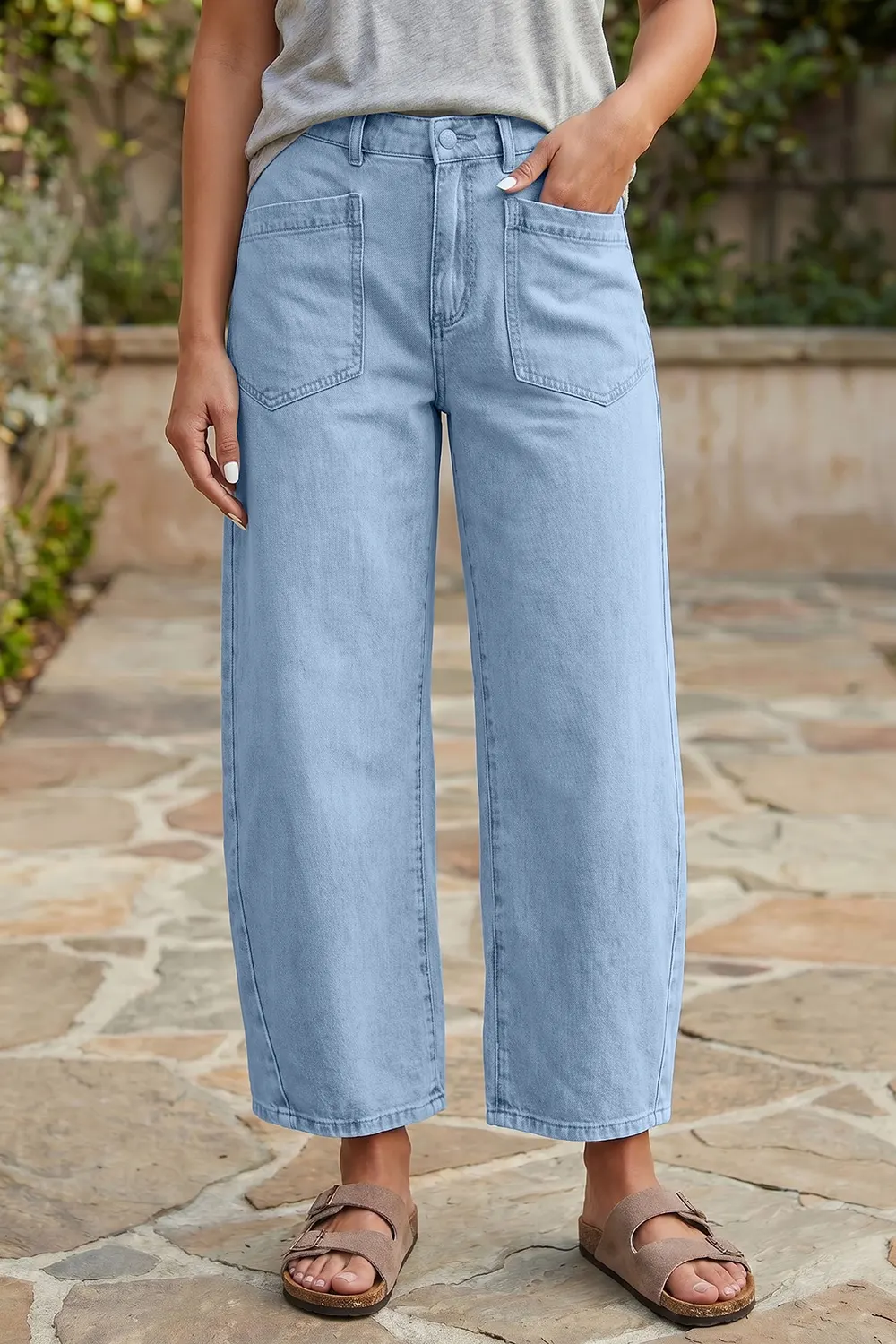 Wide Leg Cropped Jeans - Light Blue