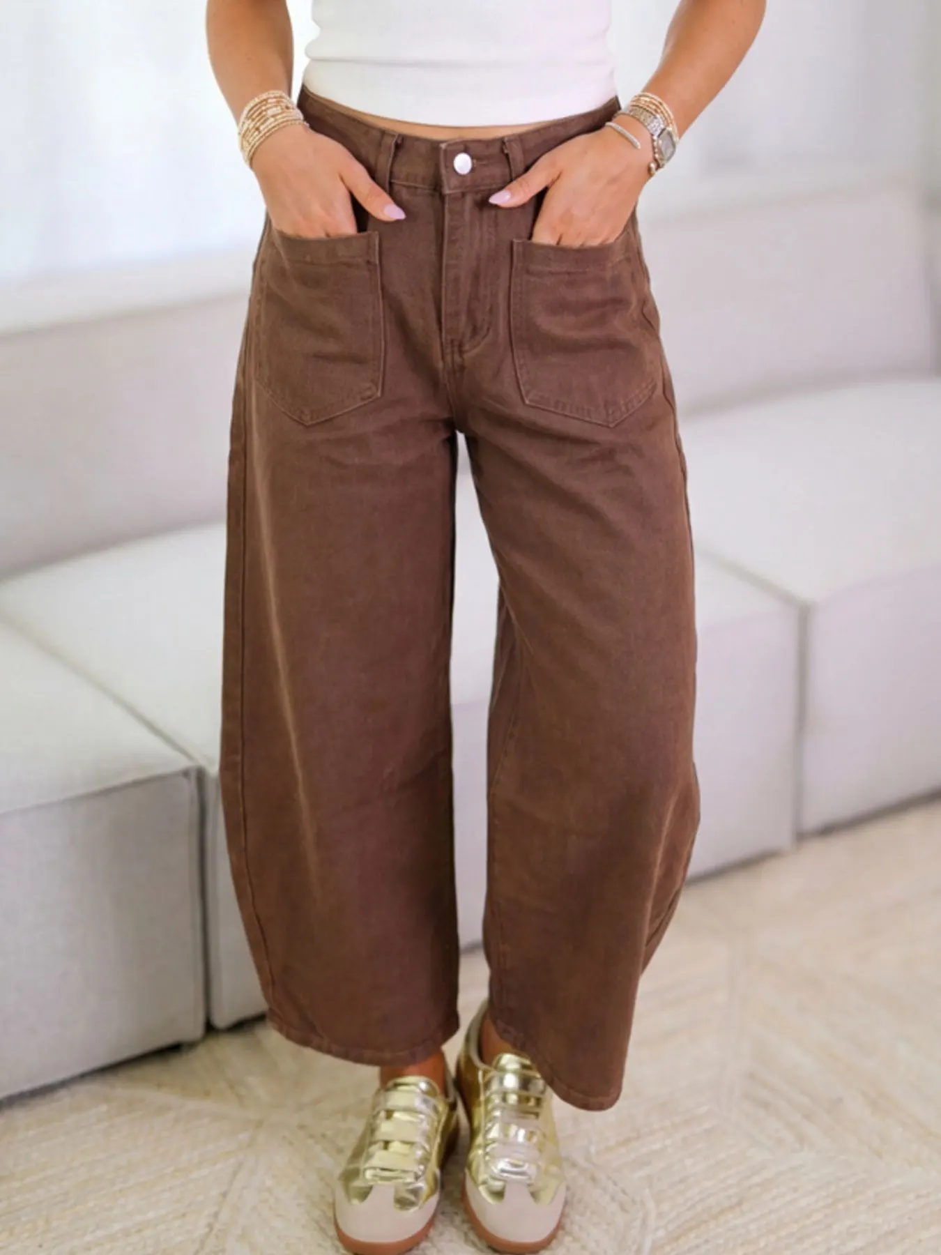 Wide-Leg Jeans with Front Patch Pockets - Dark Brown