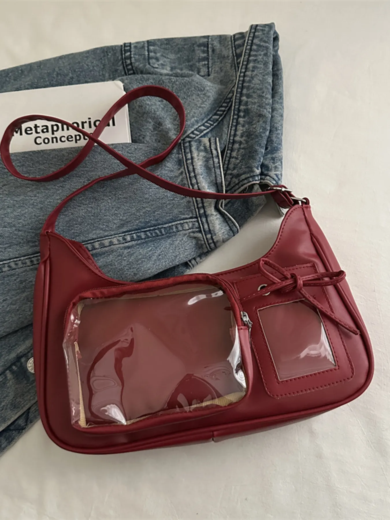 Clear Pocket Crossbody Bag - Deep Red