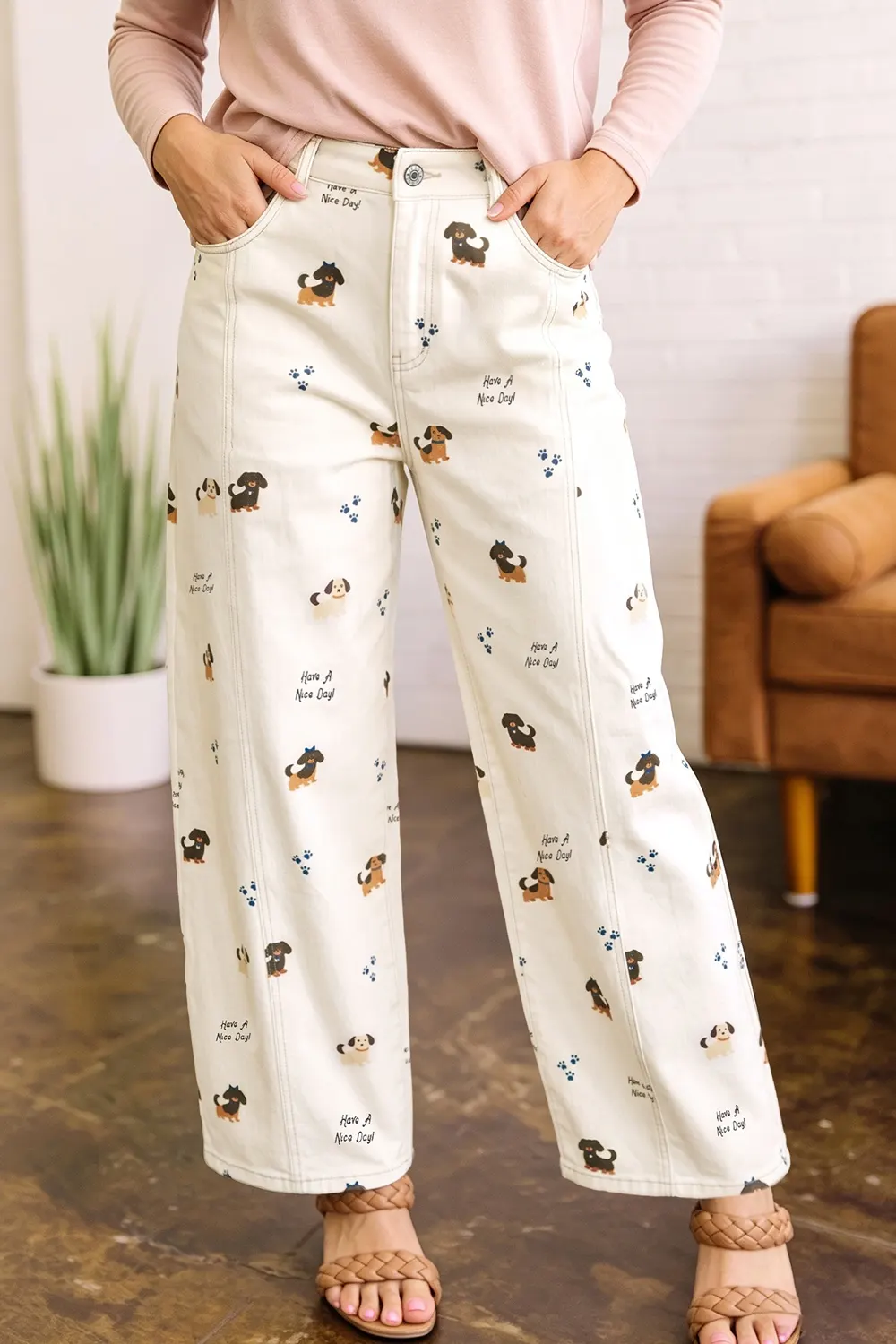 Abstract Dog Print Wide Leg Jeans - White