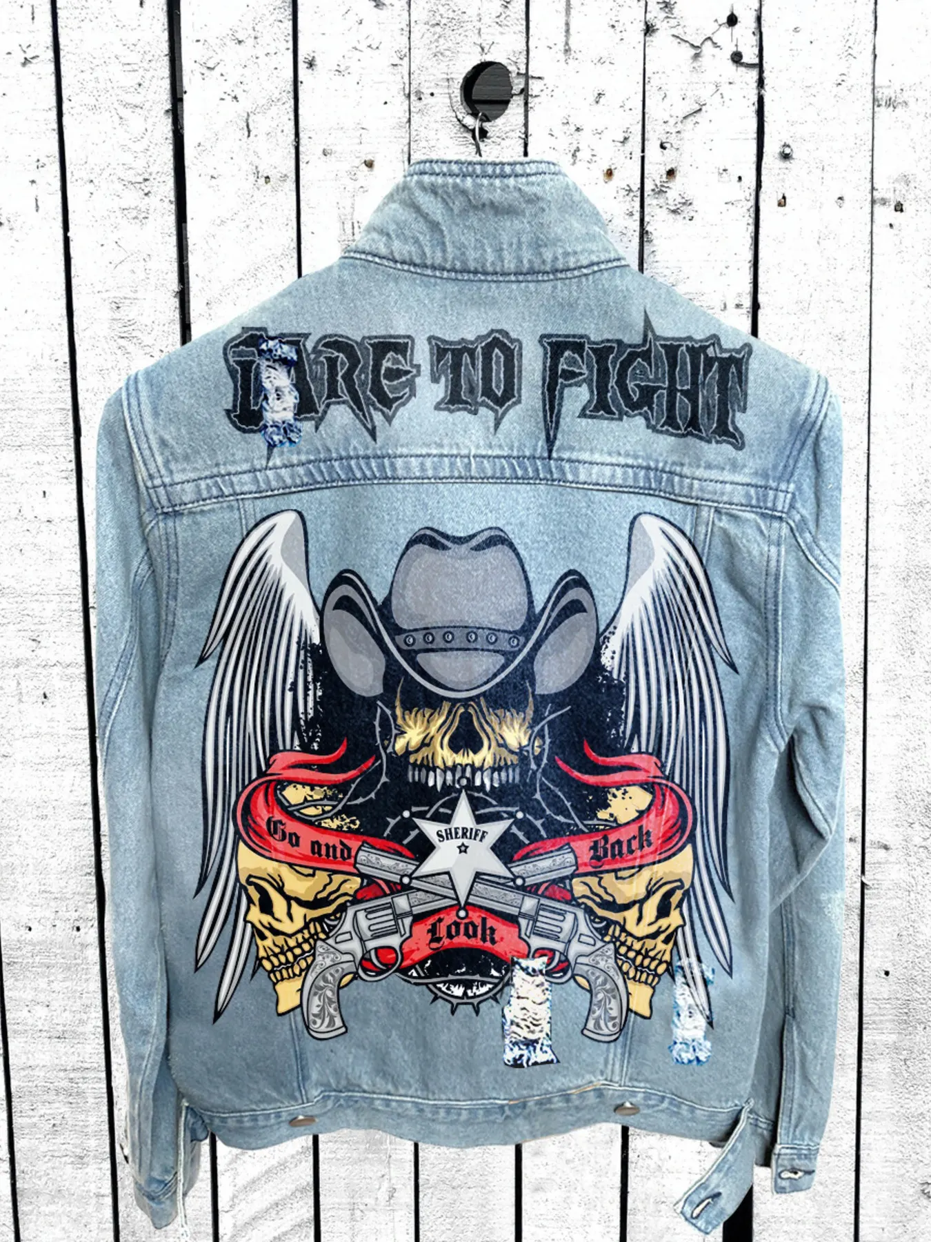 Men's Full Size Graphic Back Button Up Denim Jacket Plus Size - Light