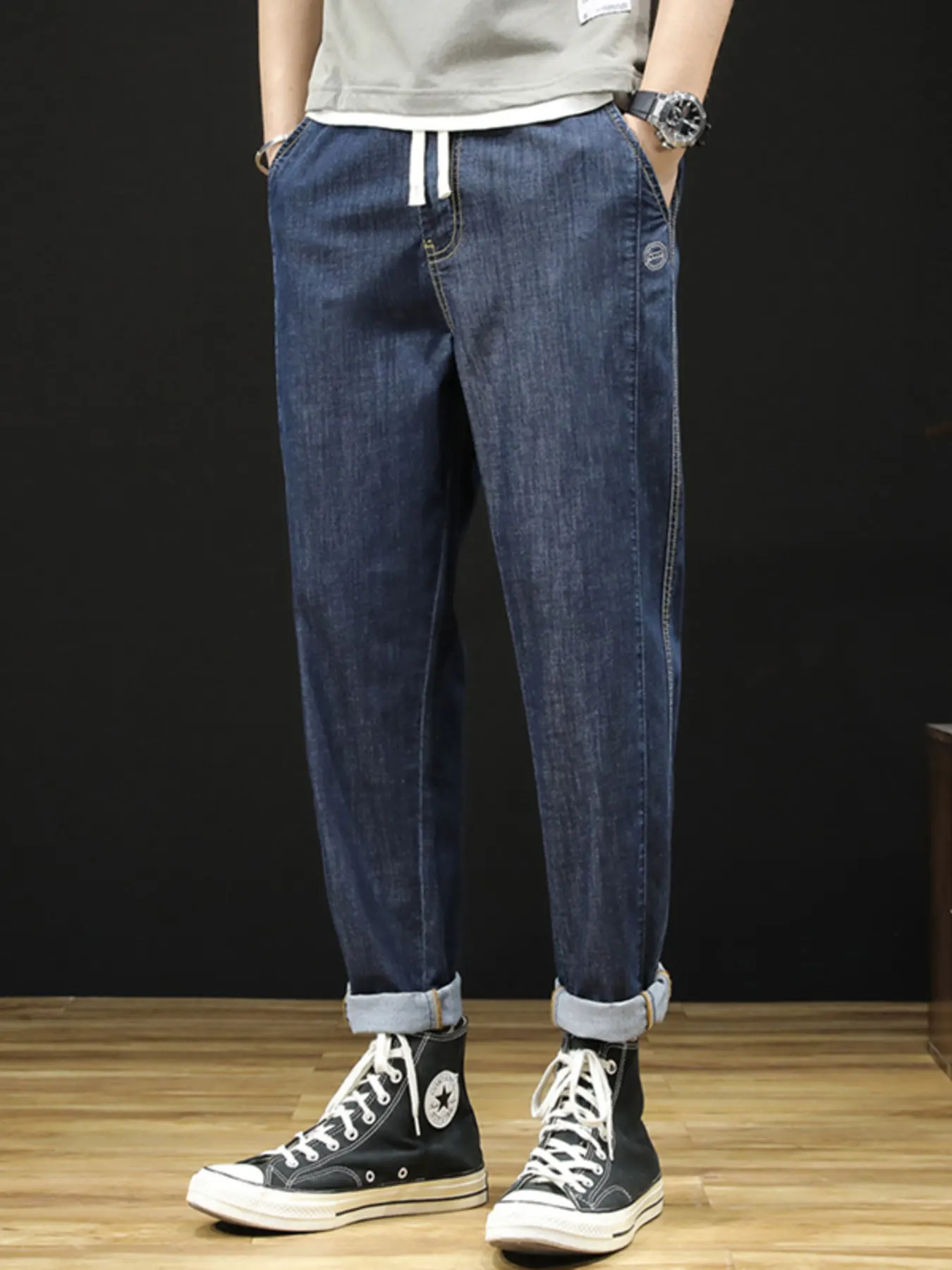 Men's Plus Size Drawstring Straight Leg Jeans - Dark Blue