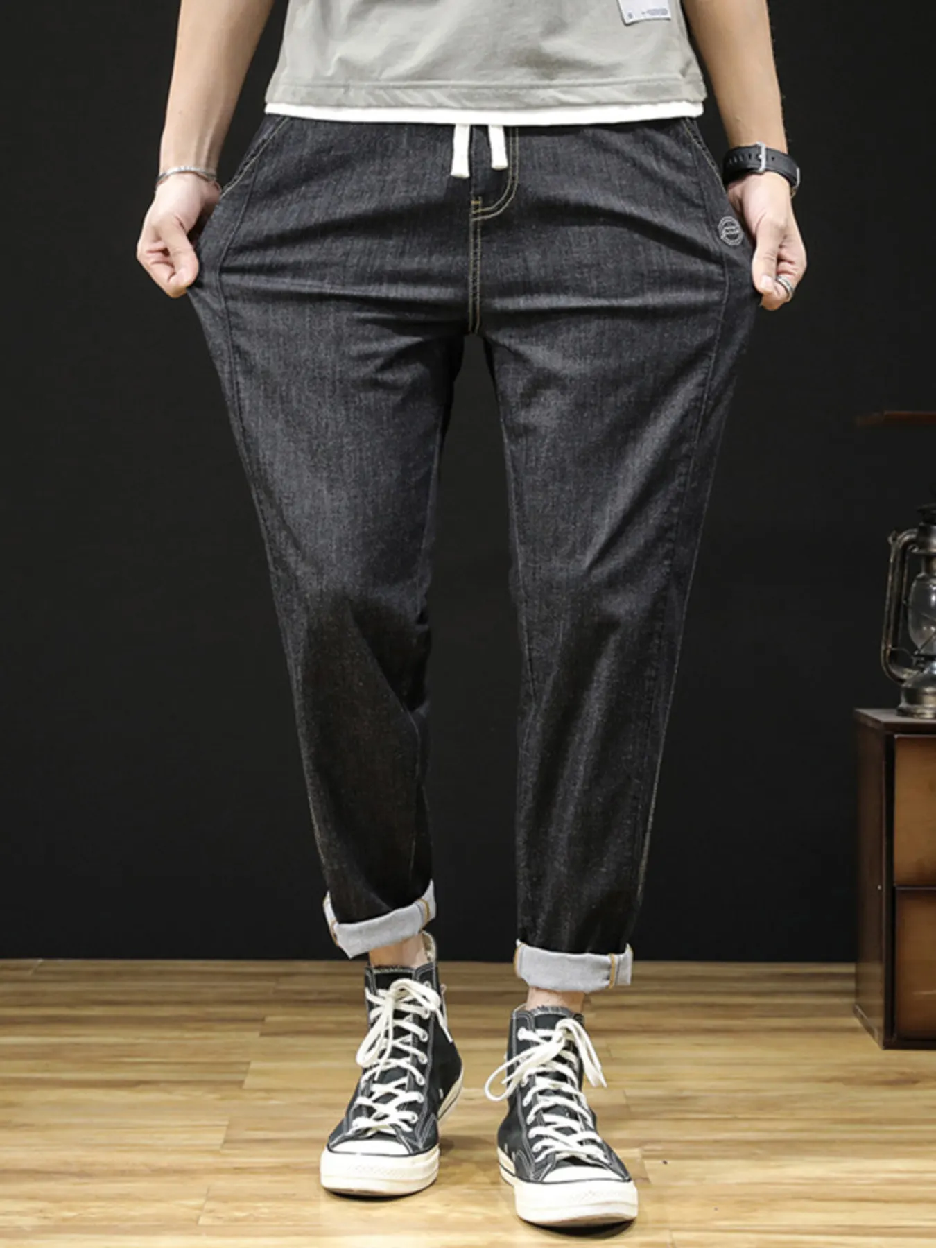 Men's Plus Size Drawstring Straight Leg Jeans - Black