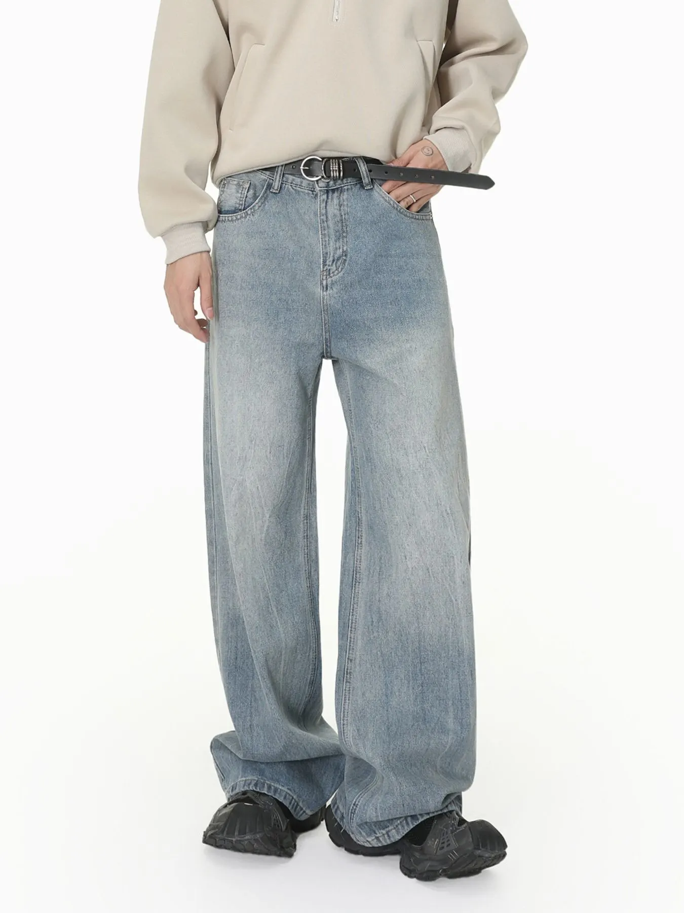 Men's Loose Fit Washed Jeans - Light Blue