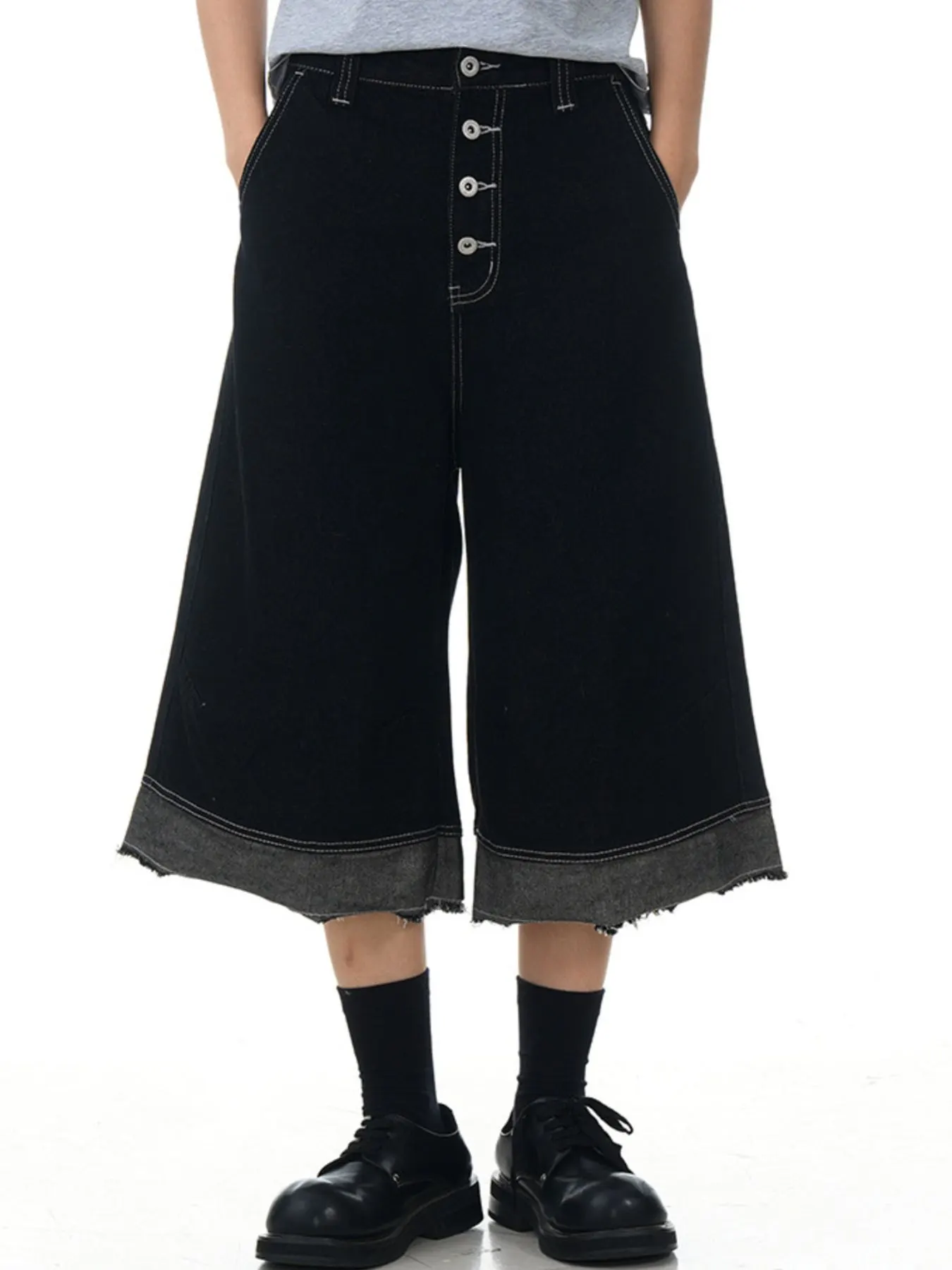 Men's Button Fly Wide Leg Denim Capris - Black